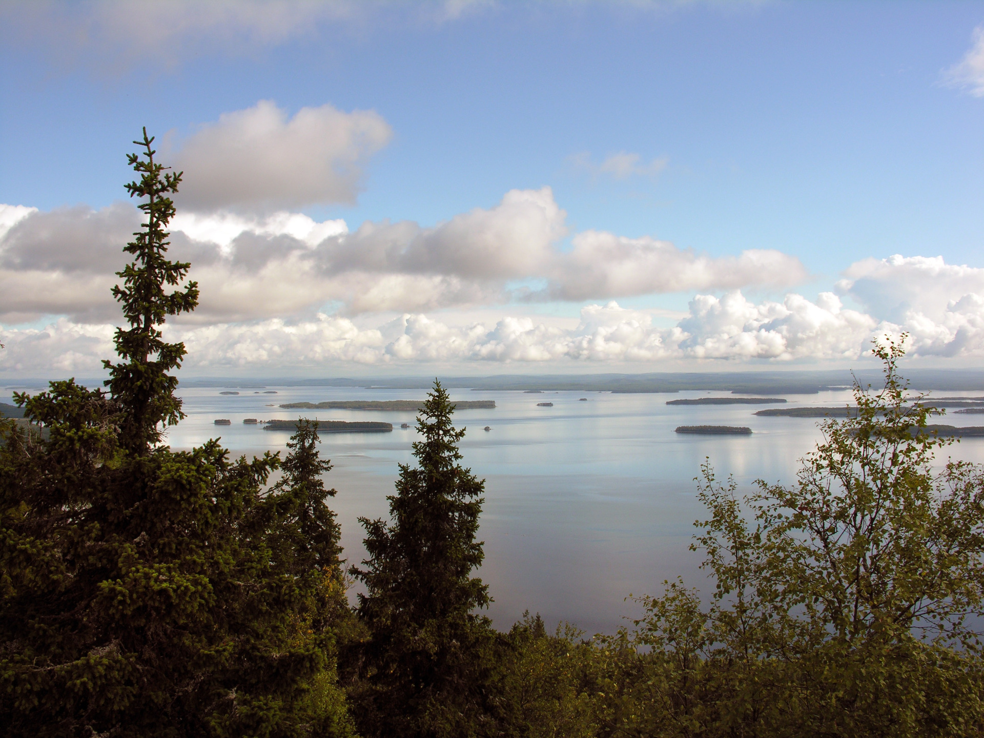 Vihreitä puita ja järvimaisema, saaria ja laivoja, taivaalla suuret pilvet ja sininen horisontti.