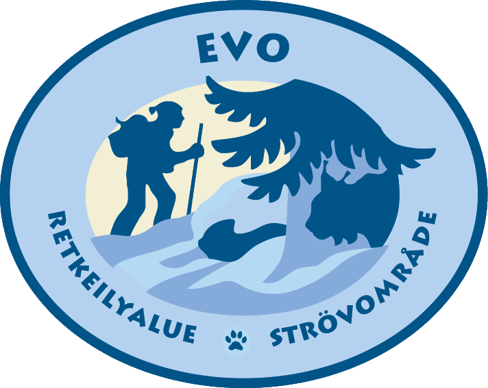 Sininen ja vaalea logo: EVOn teksti, eläinhahmot ja aaltoja, ympärillä Retkikillan ja Strömsrödön tekstit.