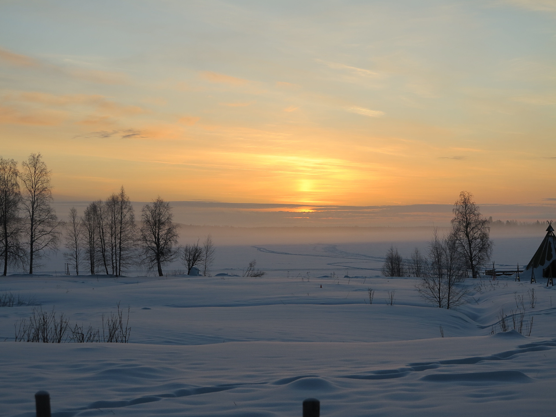 Talvinen maisema auringonnousussa, lumiset pellot, sumuinen laakso ja paljaita puita taivaanrannassa.