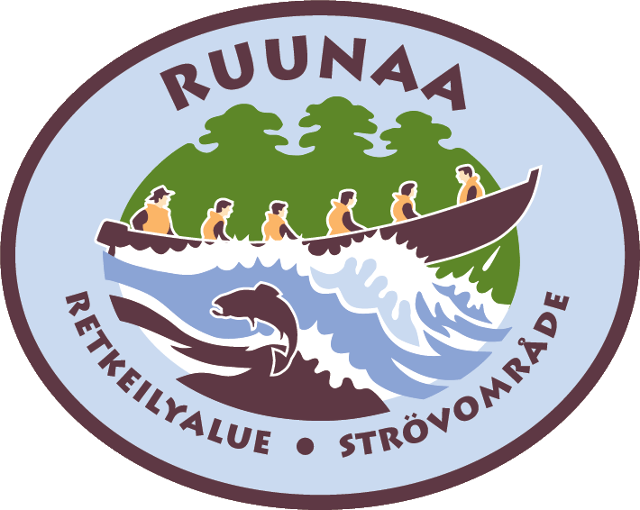 Pyöreä logo: ihmiset joen rannalla, aalto ja delfiini, taustalla vihreä metsä, teksti “RUUNAA” ja “REITTI RAKKAUDE STRÖMOMARDA”.