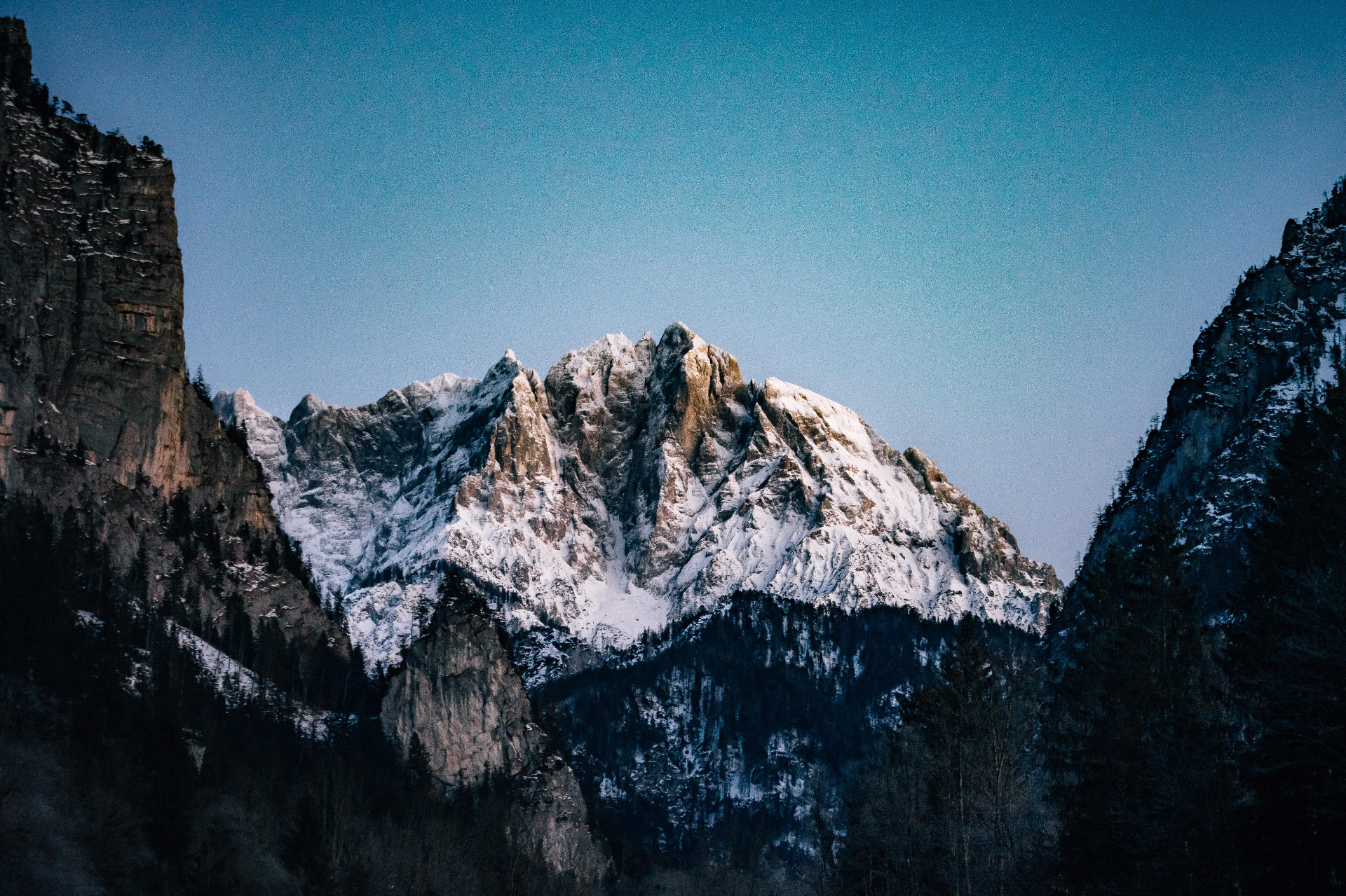 Lumihuippuinen vuorijono, jyrkät kallioseinämät ja sininen taivas, taustalla tummia metsänreunoja. Alpit, Itävalta. Austria Alpen.