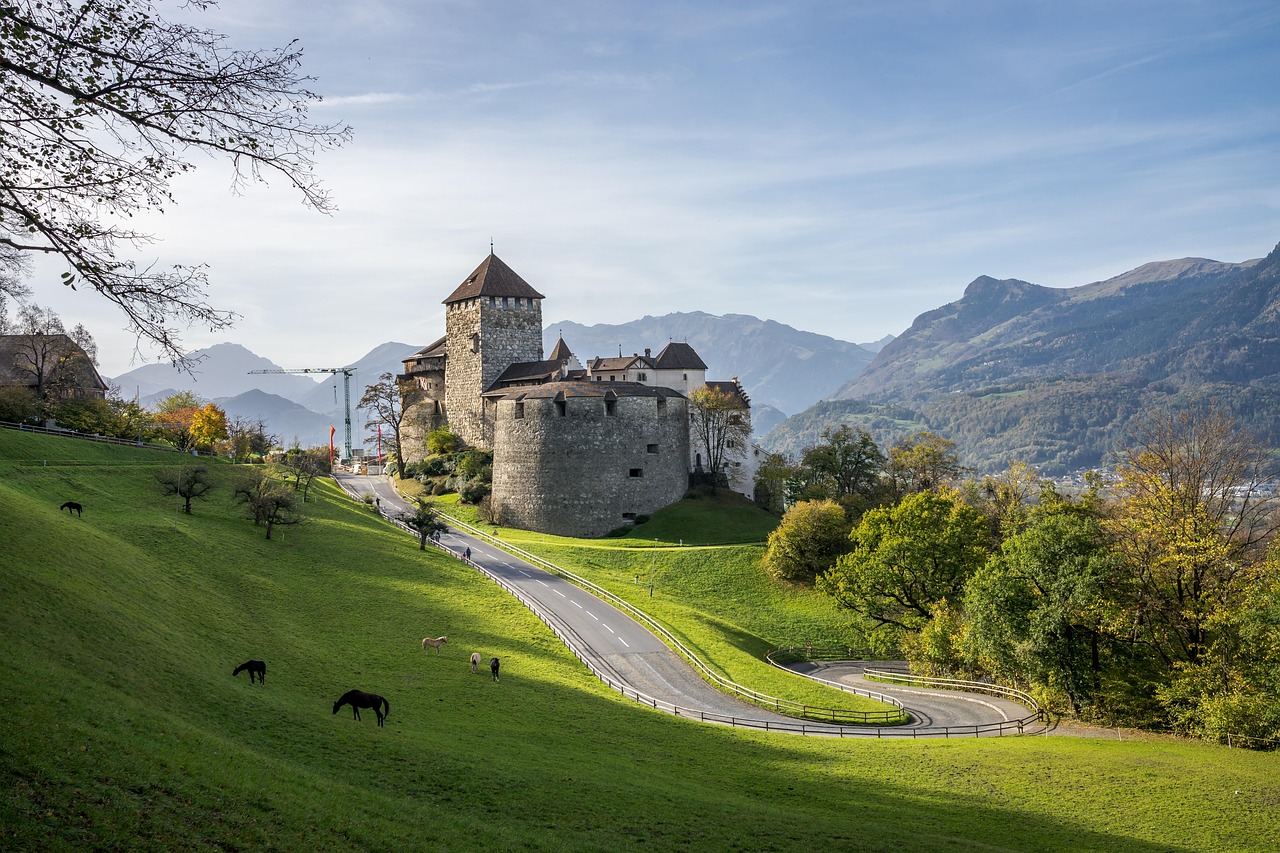 Vaduzin linna, Liechtenstein. Kivinen linnoitus kukkulalla, mutkitteleva tie ja vihreä niitty, taustalla Alppimaisemat ja vuoristolaakso.