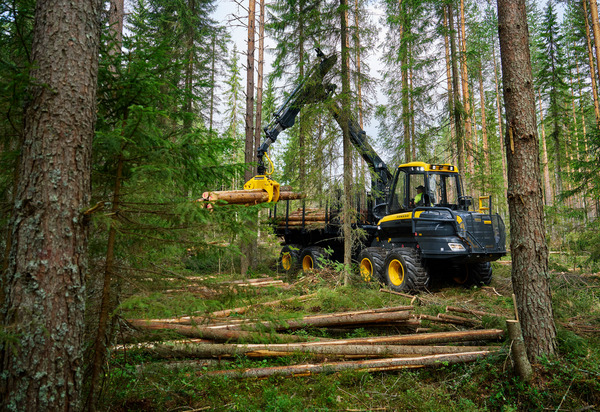 Vieremän kunta on tunnettu maailmalla Ponsse metsätyökoneista. Metsätraktori kaataa puita ja nostaa tukkeja tiheässä kuusimetsässä, vihreän kasvillisuuden keskellä.