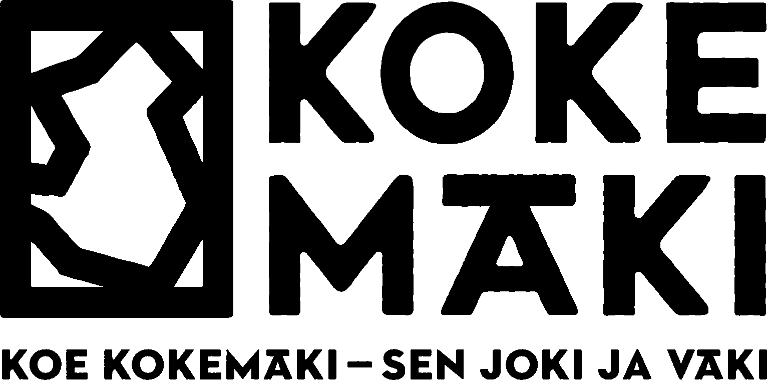 Kokemäen kaupungin slogan.
Mustavalkoinen typografinen logo, jossa teksti KOKEMAKI ja MAHTI sekä alaosassa KOE KOKEMAKI -SEN JOKI JÄ VAKI.