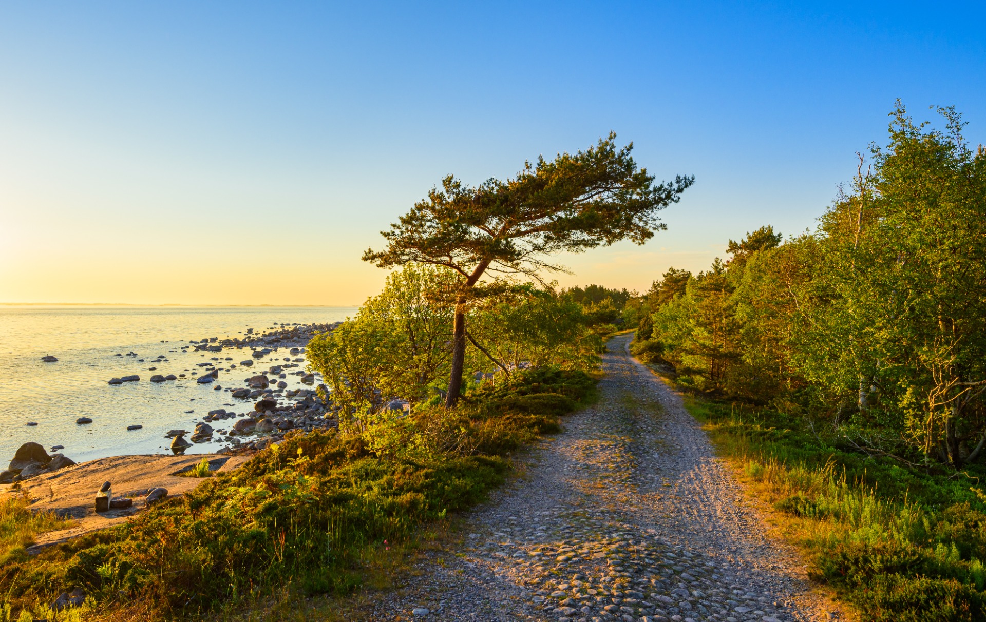 Örö on kuvauksellisen kaunis saari.
Kivinen polku kulkee metsän reunaa pitkin merenrantaan, jossa kiviä ja rauhallinen auringonlaskutaivas.